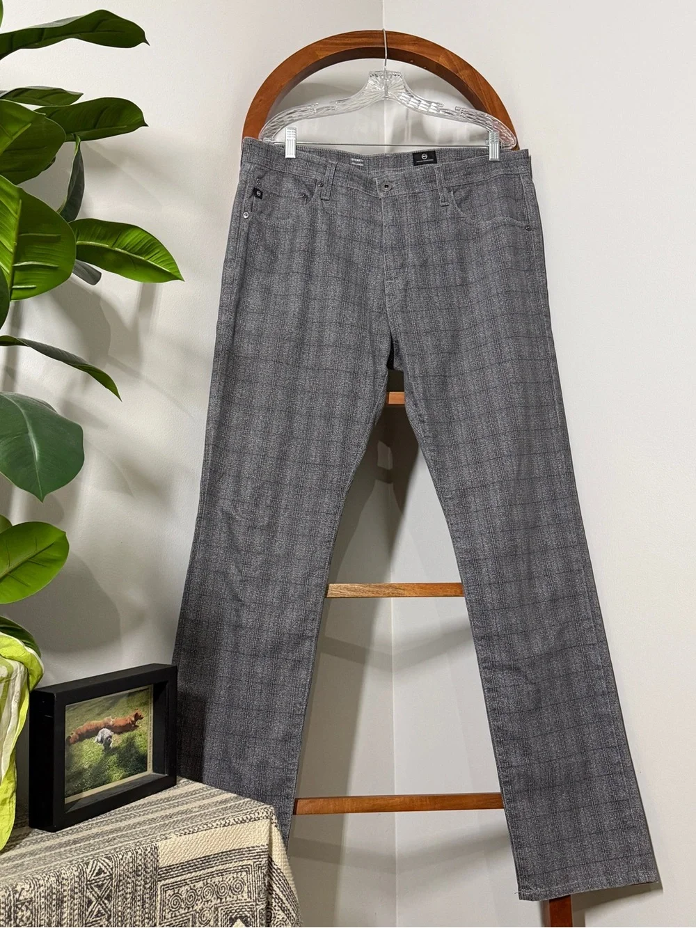 AG Adriano Goldschmied Everett Slim Fit Straight Leg Jeans Gray Plaid Waist 36